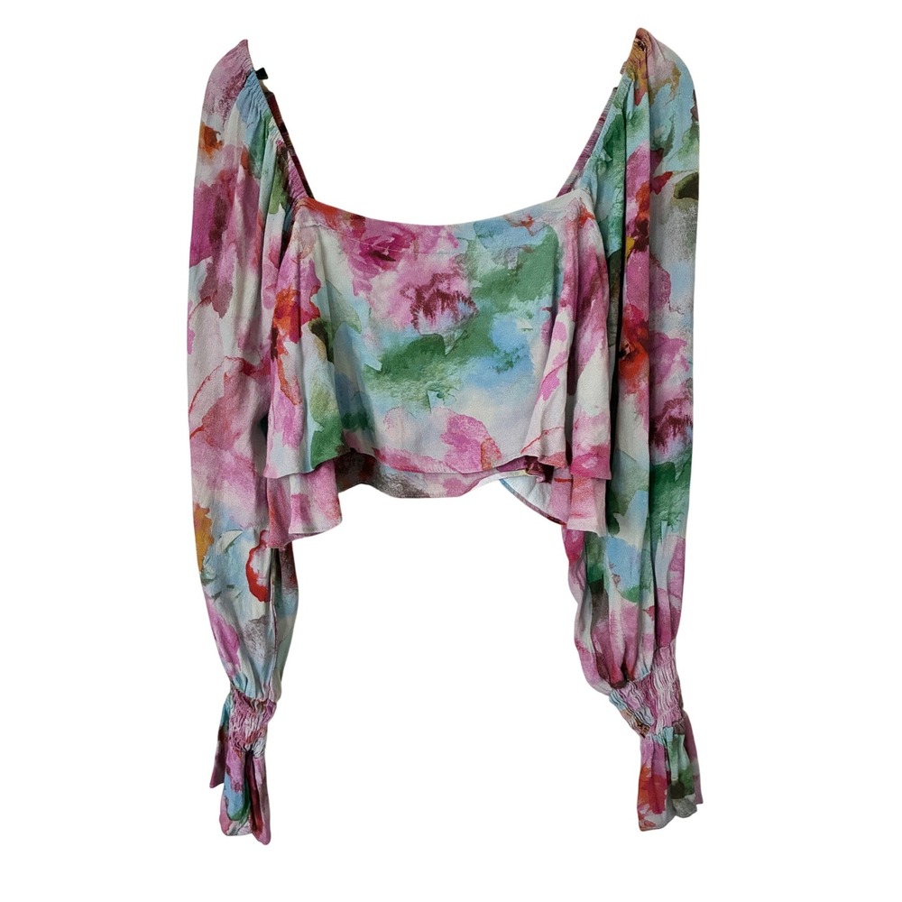 Olivaceous Watercolor Floral Fairycore Crop Top Long Sleeve Smocked Cuffs L Boho